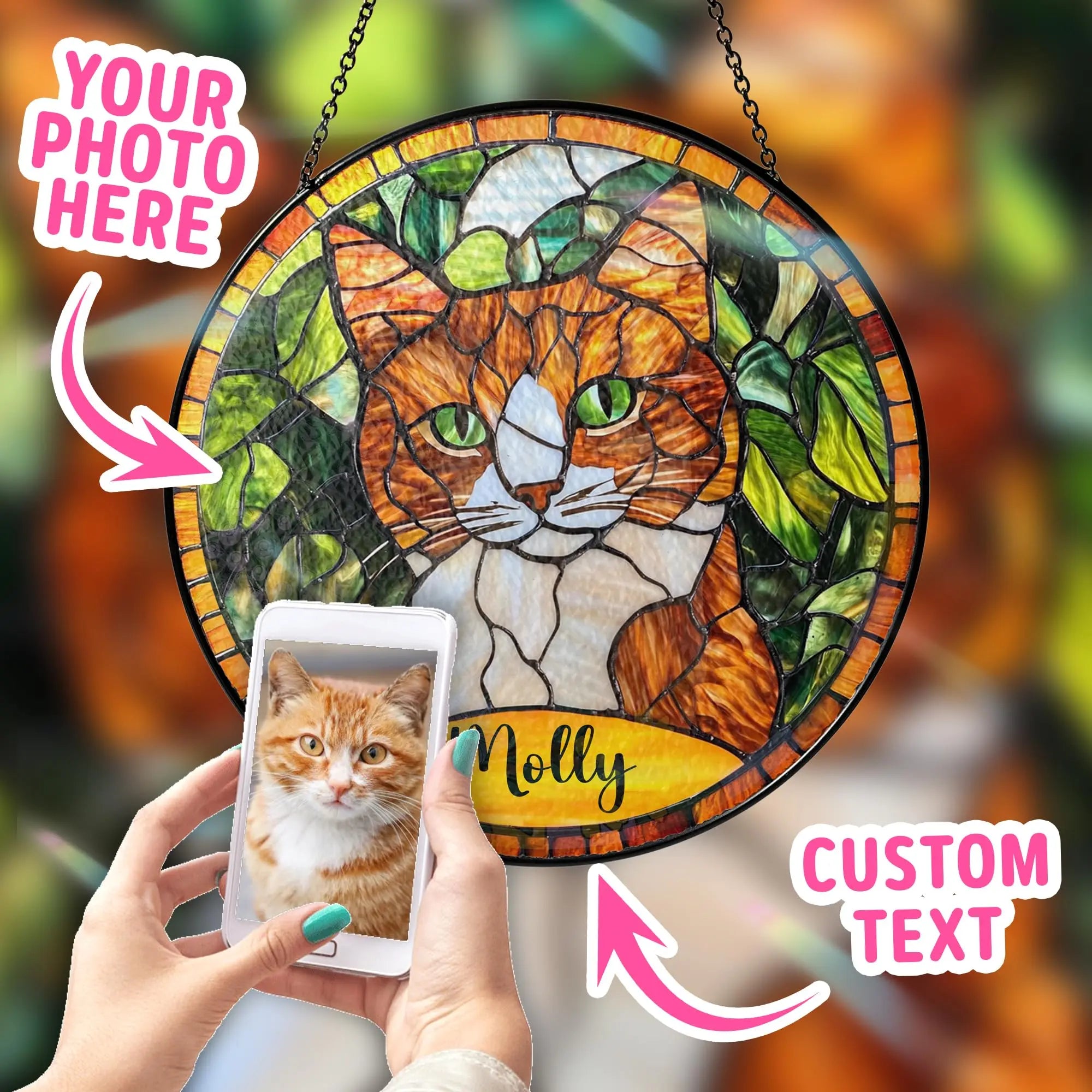 Bfigift Custom Cat Portrait Art Suncatcher Stained Glass Remembrance Gift Cat Indoor Decor Window Hanging Dog Cat Bereavement Keepsake Loss of Pet BfiGift