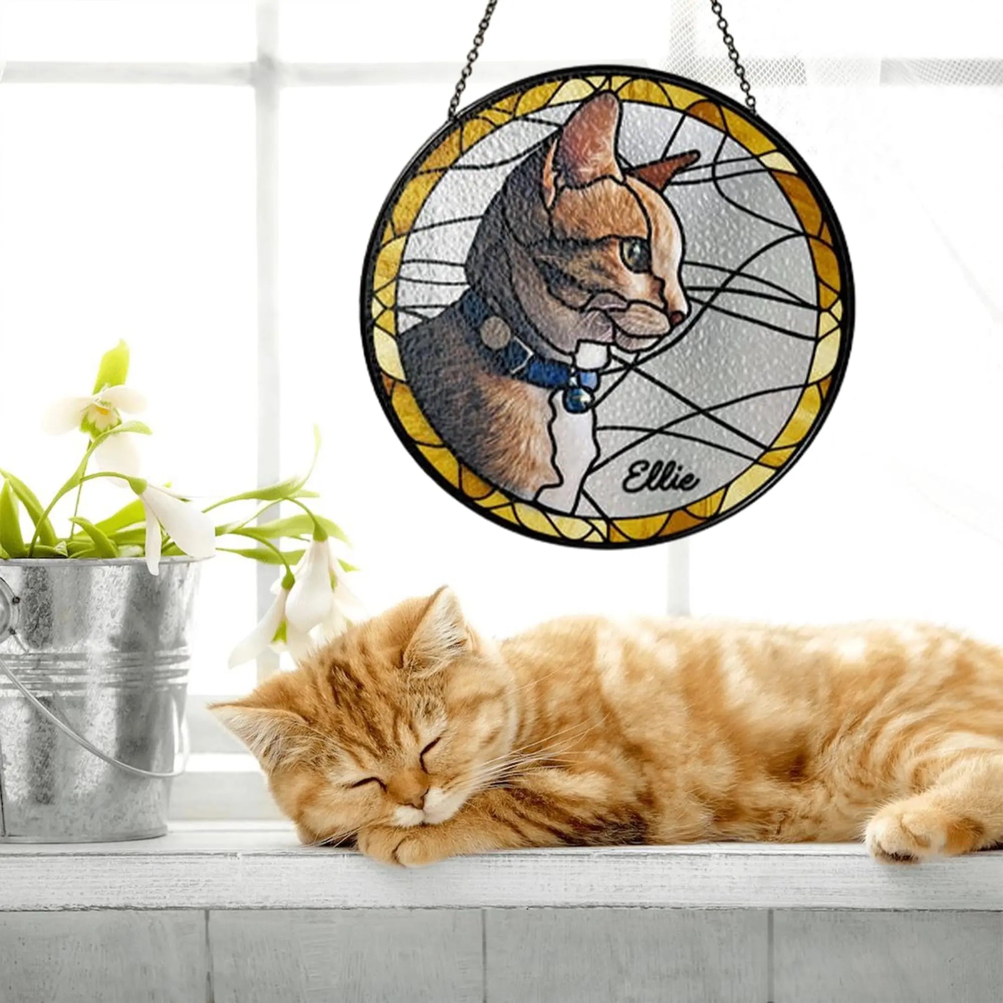 FAMITRENDZ Personalized Cat Portrait from Photo Stained Glass Suncatcher, Custom Cat Sun Catcher Memorial, Stained Glass Pet Memorial, Pet Portrait Gift for Cat Lovers, Gifts for Loss of Cat FAMITRENDZ