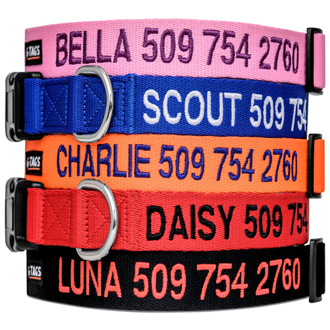 GoTags Personalized Dog Collar, Custom Embroidered with Pet Name and Phone Number in Blue, Black, Pink, Red and Orange, for Boy and Girl Dogs or Cats, Adjustable Sizes, Small, Medium, and Large GoTags