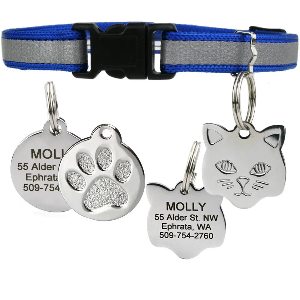GoTags Reflective Cat Collar with Personalized ID Tag in Stainless Steel, Breakaway Cat Collar with Bell and Custom Engraved Cat Tag with up to 4 Lines of Custom Text, (Blue) GoTags