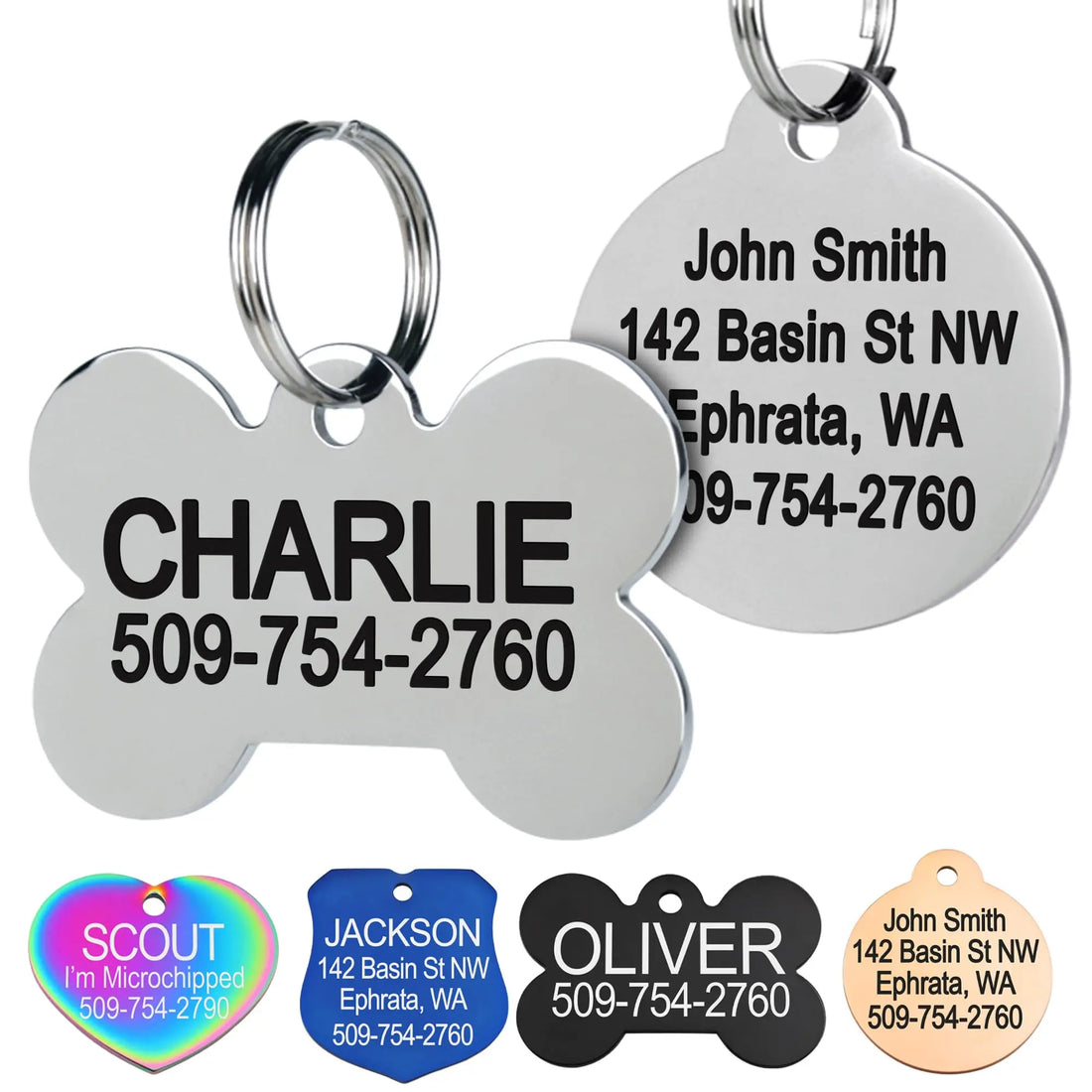 GoTags Stainless Steel Pet ID Tags, Personalized Dog Tags and Cat Tags, up to 8 Lines of Custom Text, Engraved on Both Sides, in Bone, Round, Heart, Bowtie and More (Dog Bone, Regular (Pack of 1)) GoTags