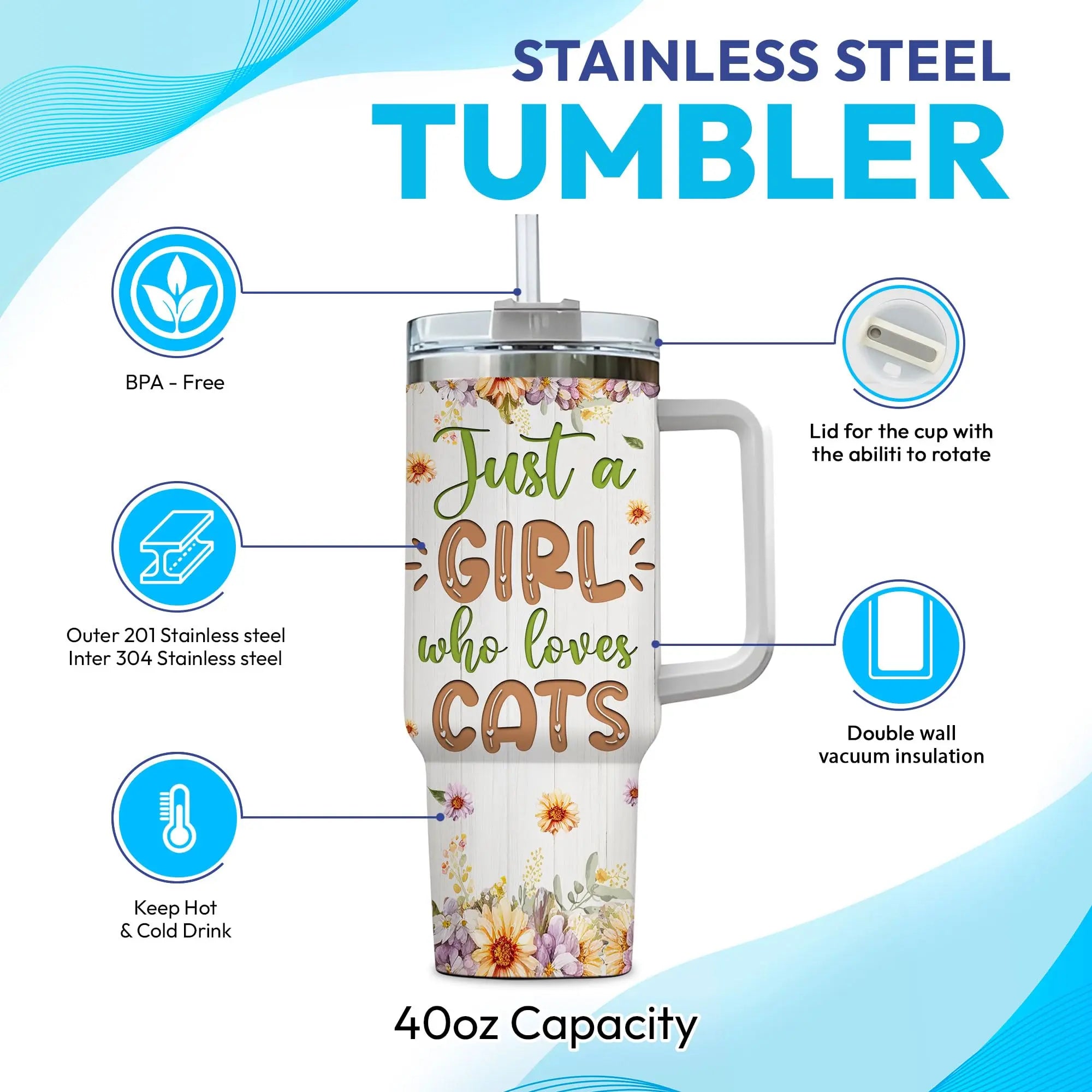 Hyturtle Personalized Gifts For Cat Lover Tumbler 40oz with Handle and Straw - Stainless Steel Travel Coffee Cup With Lid - Cute Animal Lover Gifts For Women, Girl On Birthday Christmas Hyturtle