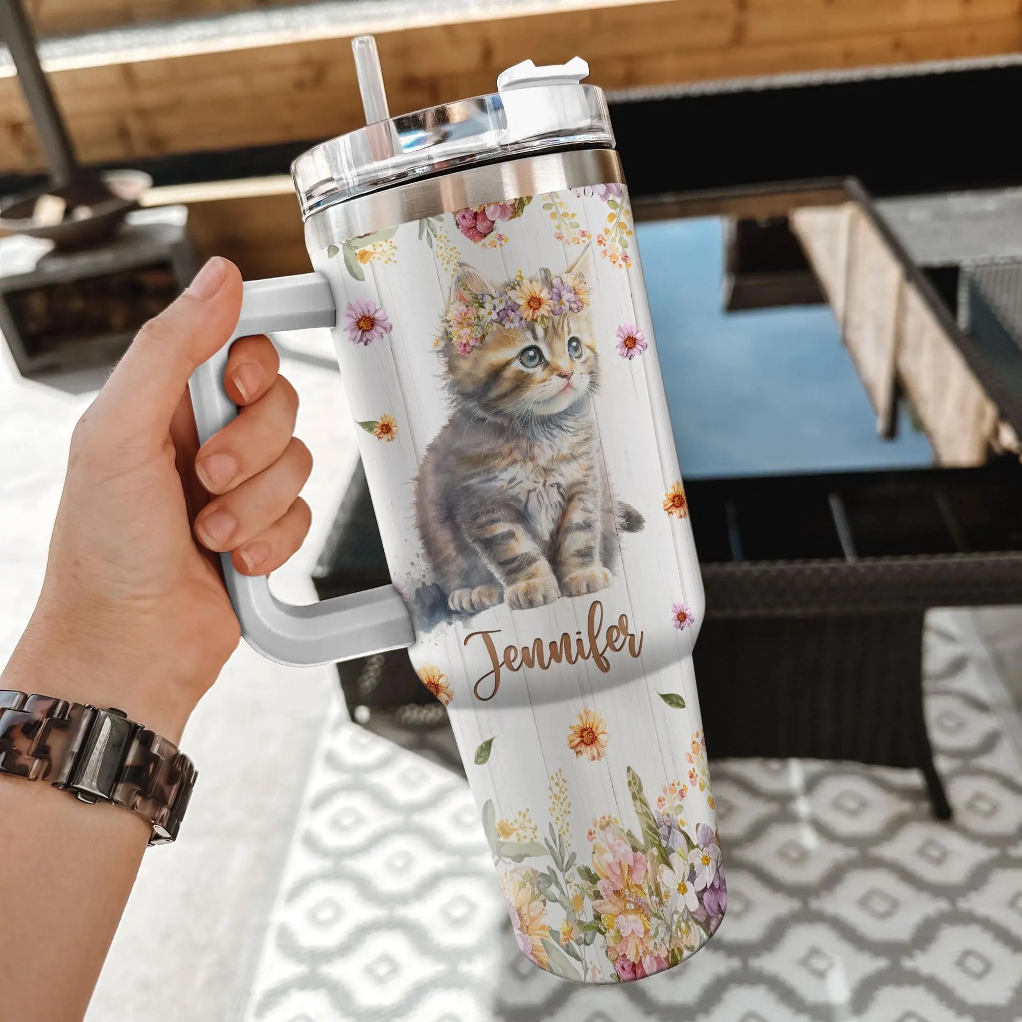 Hyturtle Personalized Gifts For Cat Lover Tumbler 40oz with Handle and Straw - Stainless Steel Travel Coffee Cup With Lid - Cute Animal Lover Gifts For Women, Girl On Birthday Christmas Hyturtle