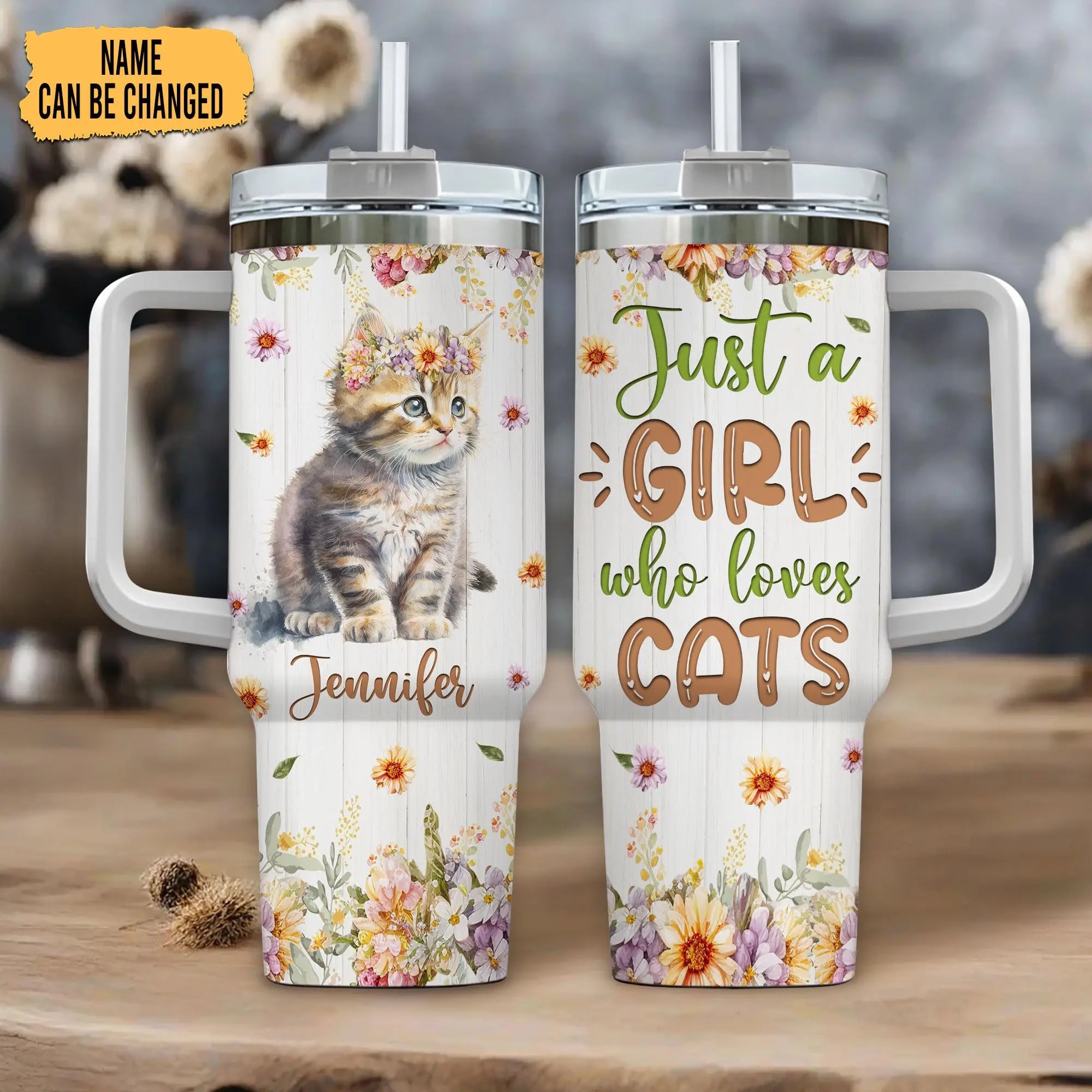 Hyturtle Personalized Gifts For Cat Lover Tumbler 40oz with Handle and Straw - Stainless Steel Travel Coffee Cup With Lid - Cute Animal Lover Gifts For Women, Girl On Birthday Christmas Hyturtle