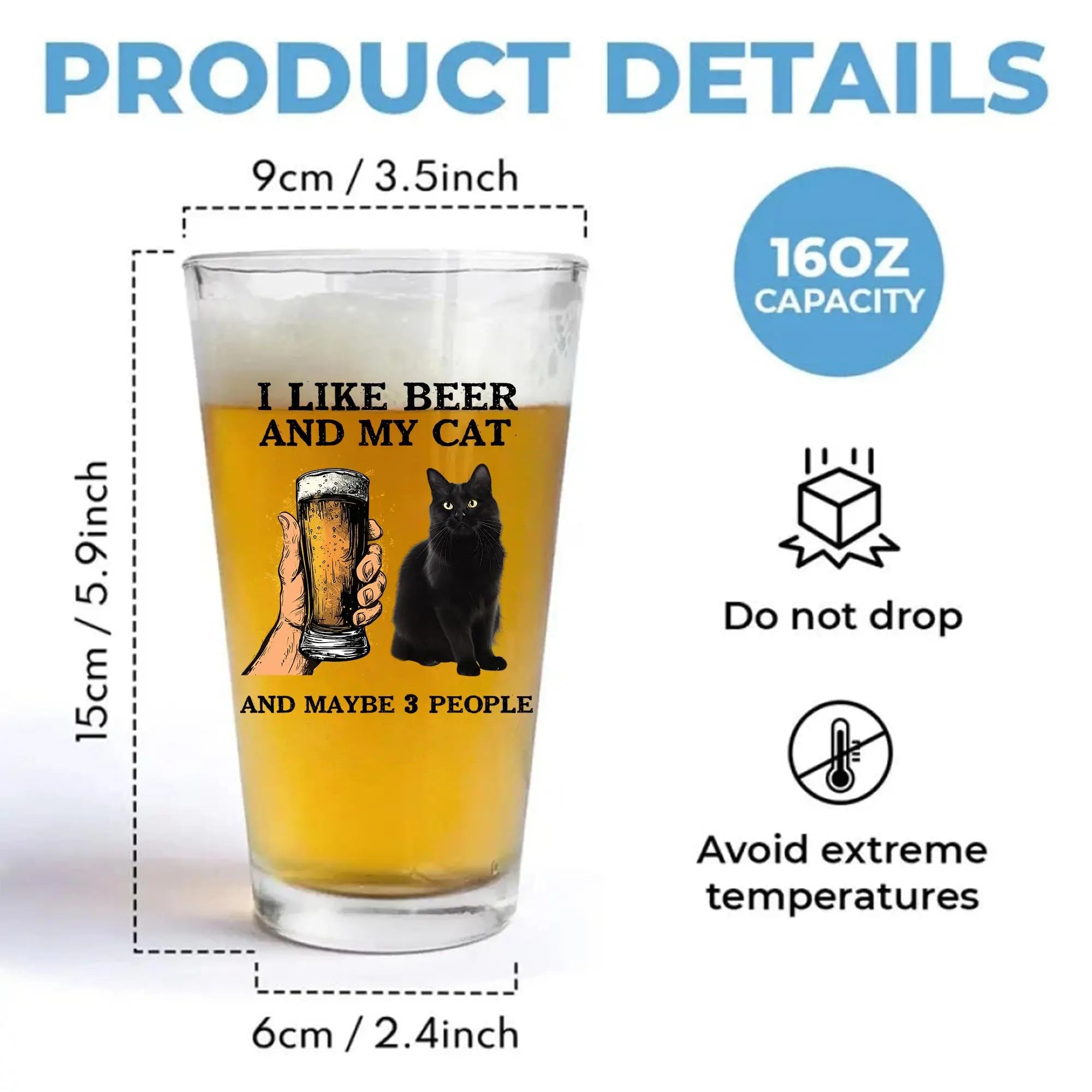 PERSONAL84 Custom I Like Beer My Cats And Maybe 3 People Pint Glass Cup for Men, Funny Custom Cat Photo Glass Cup, Brithday Gift for Father, Cat Dad, Cat Lover, Cat Daddy PERSONAL84