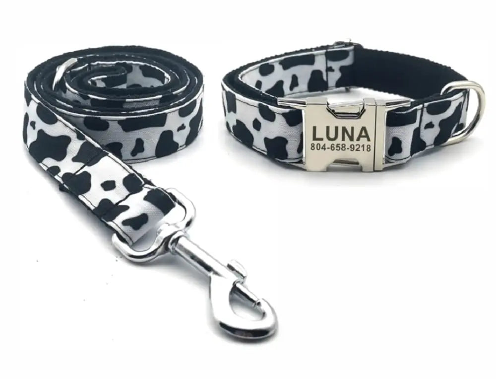 Personalized Cow Pattern Pet Collar Custom Puppy ID Tag Adjustable Cat Accessory Black White Basic Dog Collars Leash Set (Medium, Collar) Generic