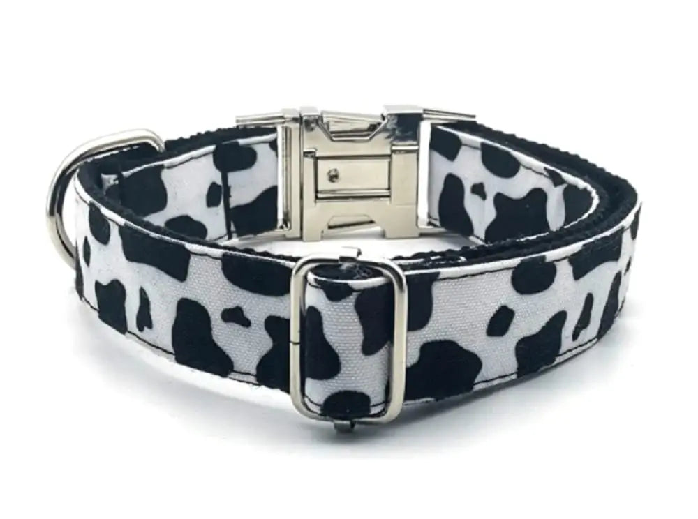 Personalized Cow Pattern Pet Collar Custom Puppy ID Tag Adjustable Cat Accessory Black White Basic Dog Collars Leash Set (Medium, Collar) Generic