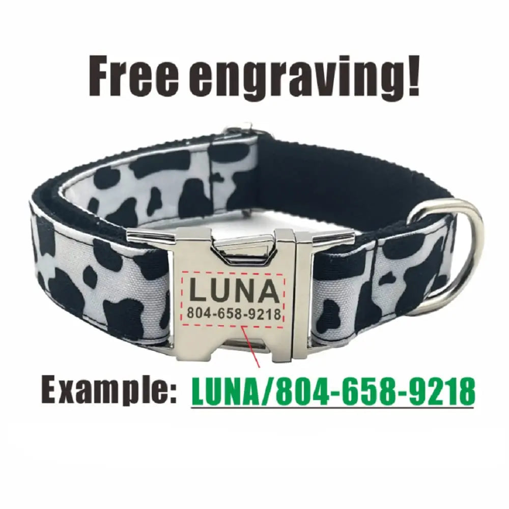 Personalized Cow Pattern Pet Collar Custom Puppy ID Tag Adjustable Cat Accessory Black White Basic Dog Collars Leash Set (Medium, Collar) Generic