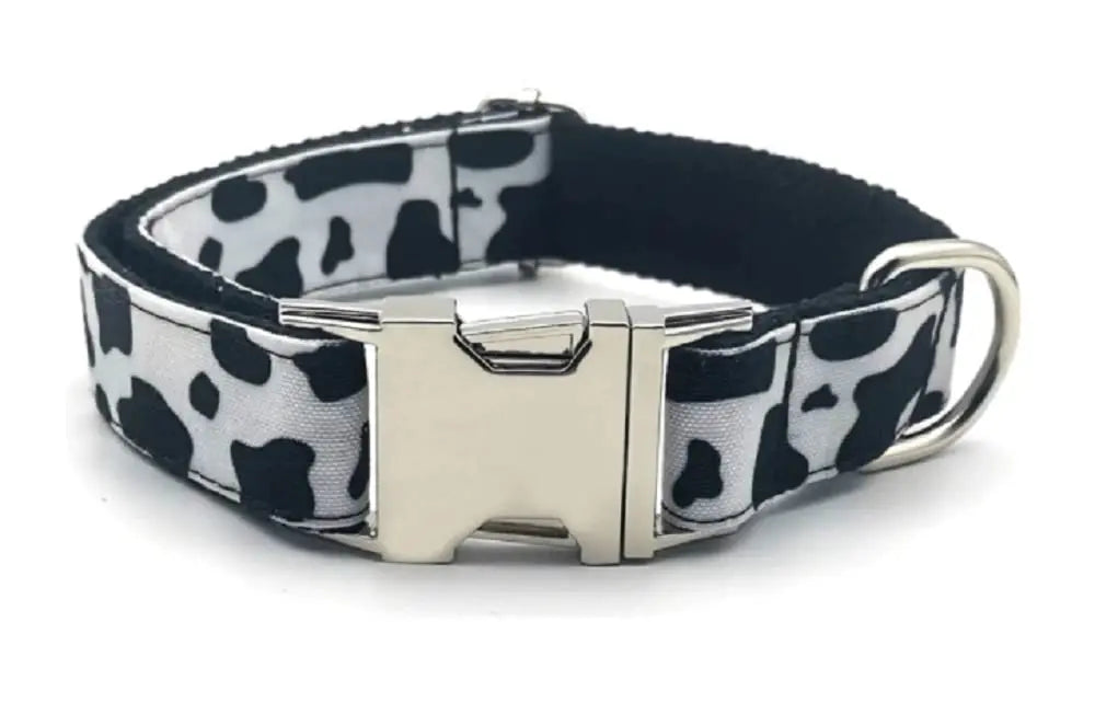 Personalized Cow Pattern Pet Collar Custom Puppy ID Tag Adjustable Cat Accessory Black White Basic Dog Collars Leash Set (Medium, Collar) Generic