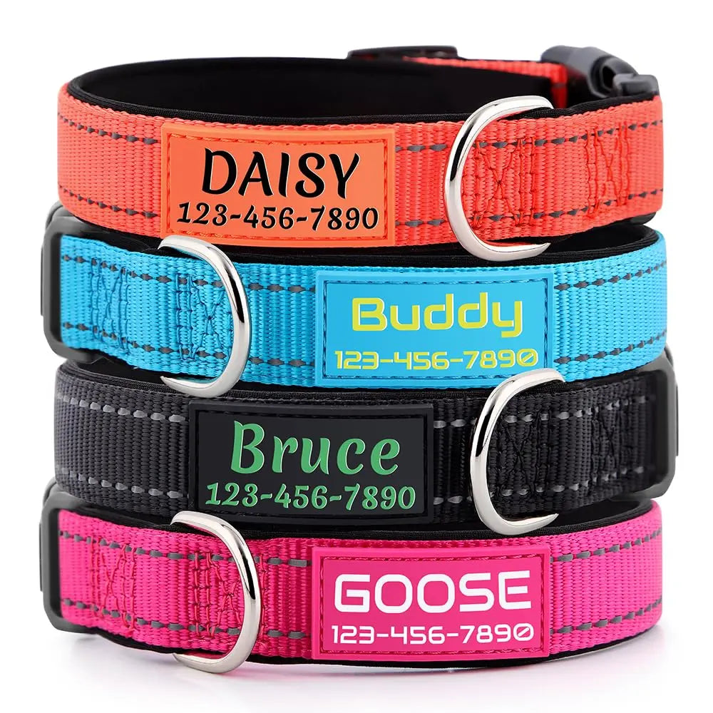 Personalized Dog Collars Custom with Pet Name and Phone Number, Soft Neoprene Padded Reflective Nylon Collar, 4 Adjustable Sizes - for Boy, Girl Dogs PLUTUS PET