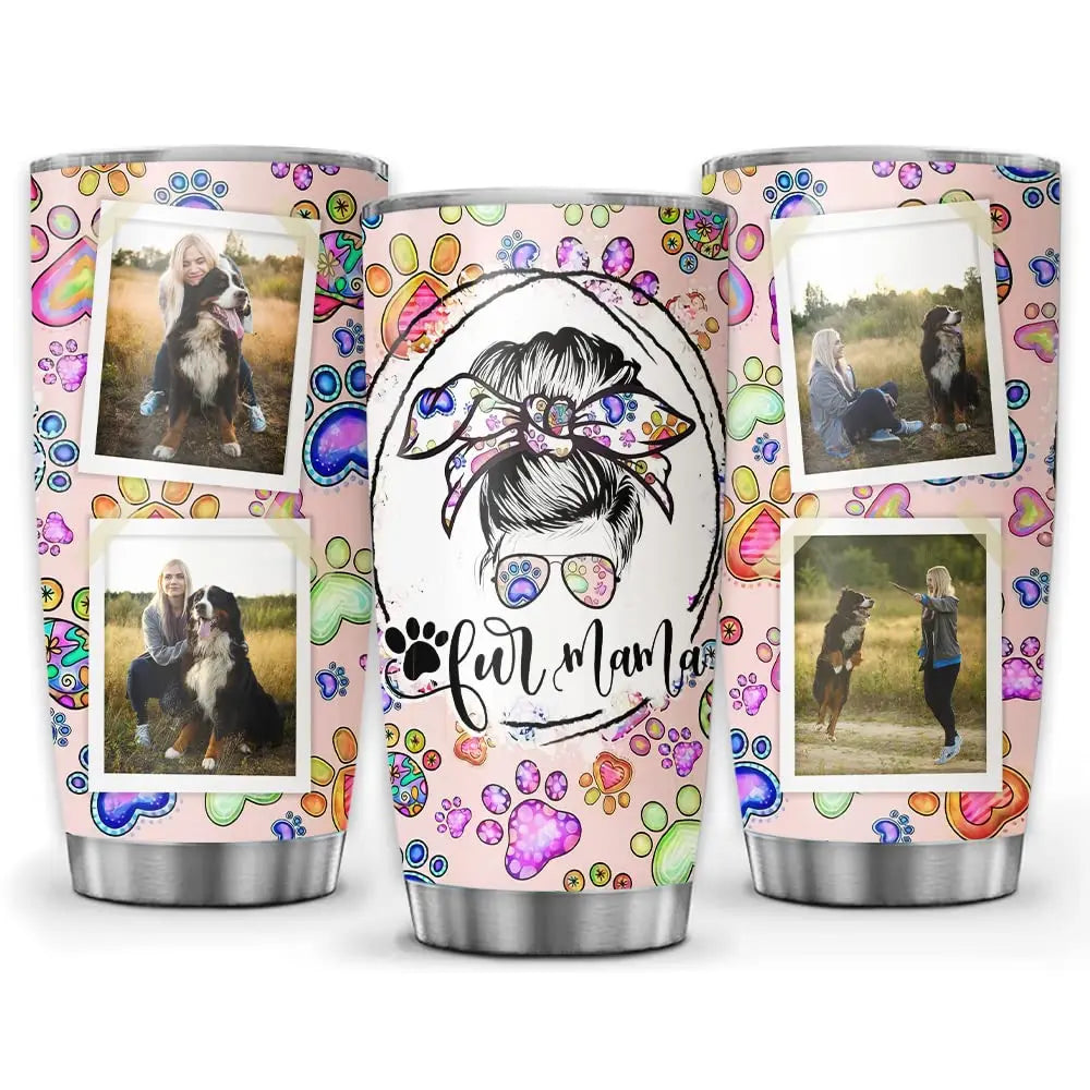 Personalized Dog Mom Gift For Women, Fur Mom Tumbler With Lid, 20oz 30oz Travel Mug For Pet Lovers Owners, Custom Photo Pink Paw Stainless Steel Cup So Many Pets