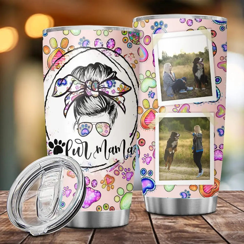Personalized Dog Mom Gift For Women, Fur Mom Tumbler With Lid, 20oz 30oz Travel Mug For Pet Lovers Owners, Custom Photo Pink Paw Stainless Steel Cup So Many Pets