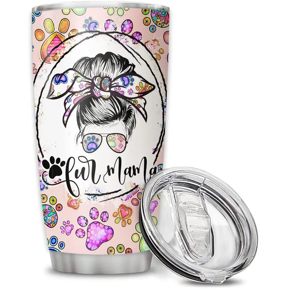 Personalized Dog Mom Gift For Women, Fur Mom Tumbler With Lid, 20oz 30oz Travel Mug For Pet Lovers Owners, Custom Photo Pink Paw Stainless Steel Cup So Many Pets