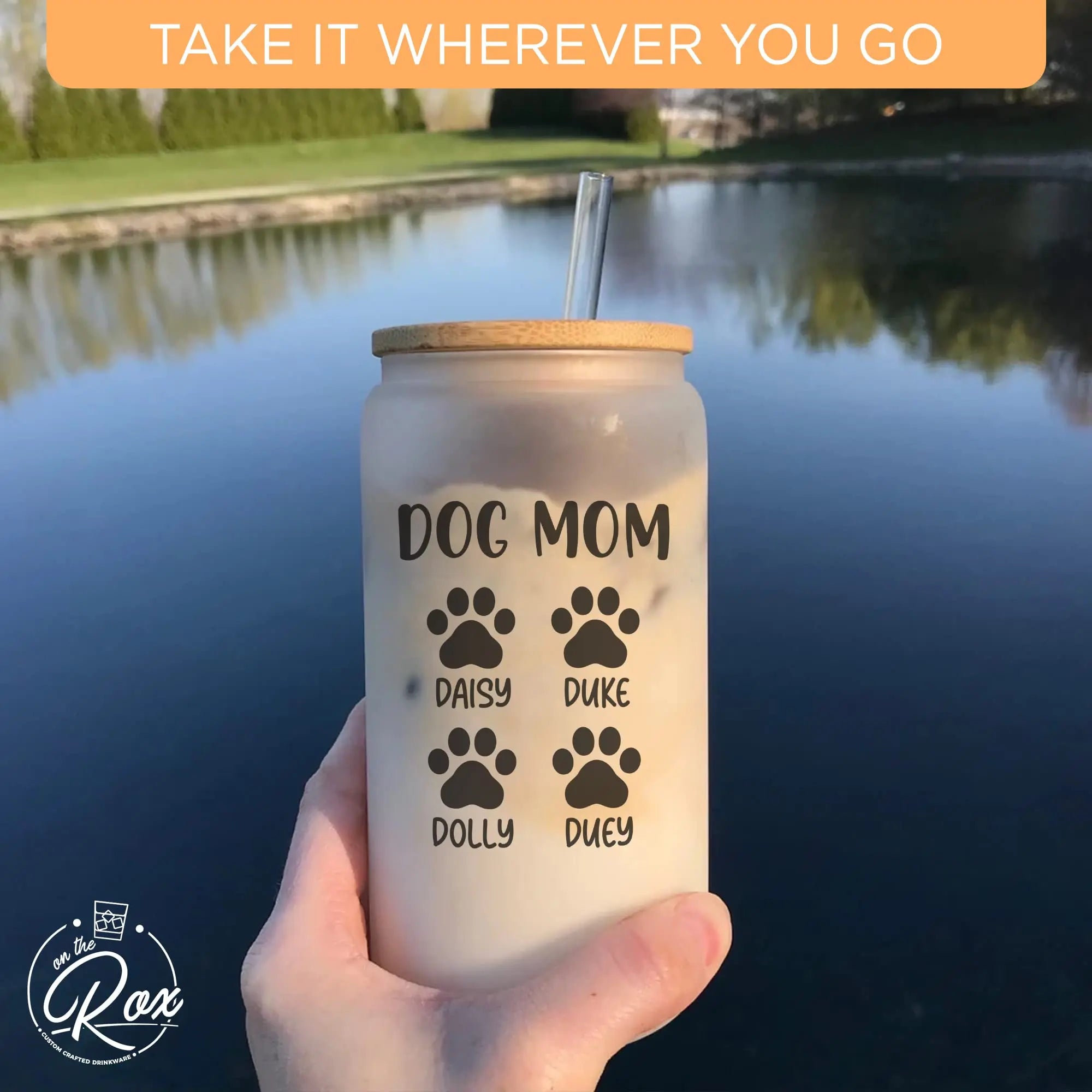 Personalized Dog Mom Gifts For Women - Custom 16oz Frosted Beer Can Glass With Dog Names - Dog Mom Gifts for Mother’s Day, Birthday Gift for Fur Mama - 1PC With Bamboo Lid And Straw On The Rox Drinks