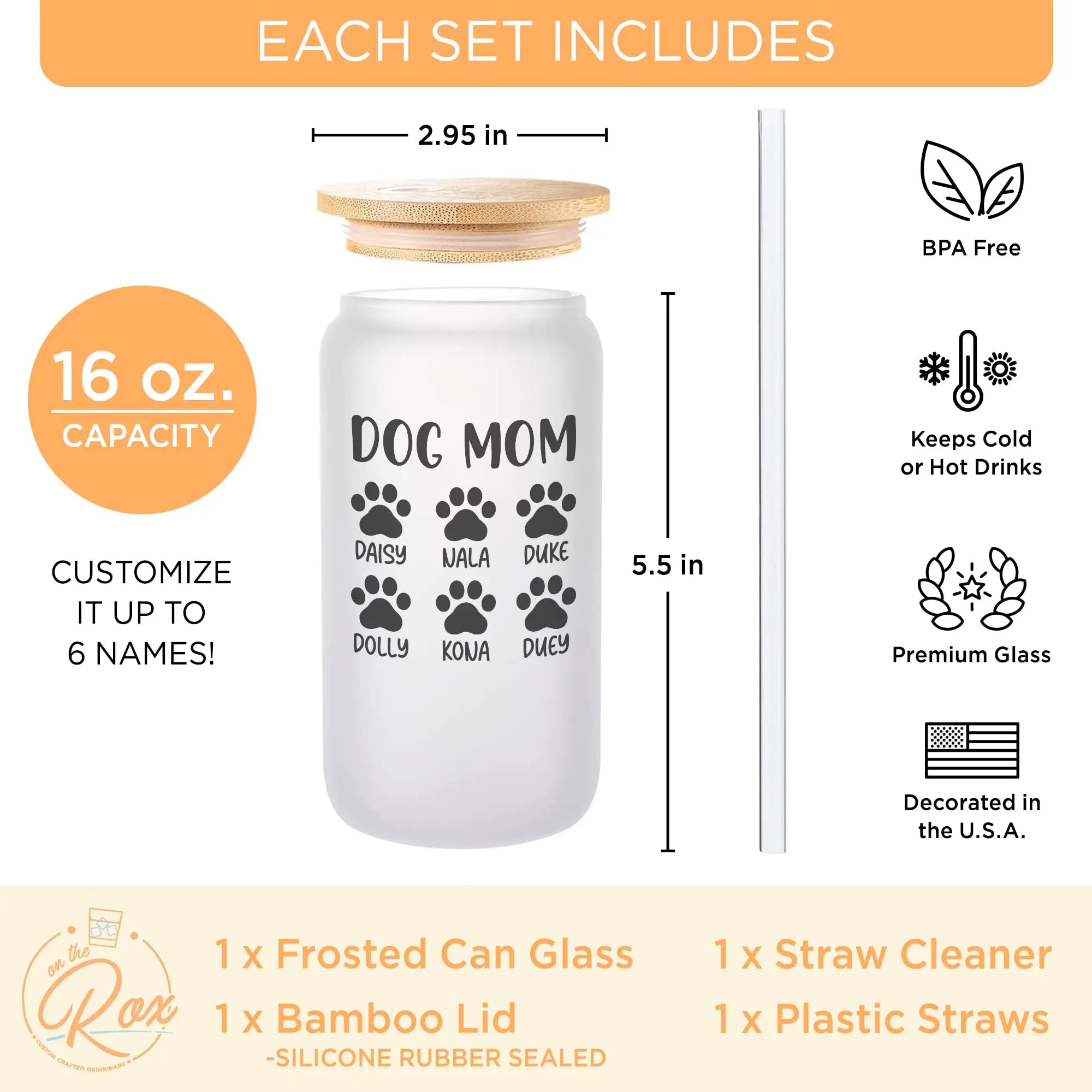 Personalized Dog Mom Gifts For Women - Custom 16oz Frosted Beer Can Glass With Dog Names - Dog Mom Gifts for Mother’s Day, Birthday Gift for Fur Mama - 1PC With Bamboo Lid And Straw On The Rox Drinks