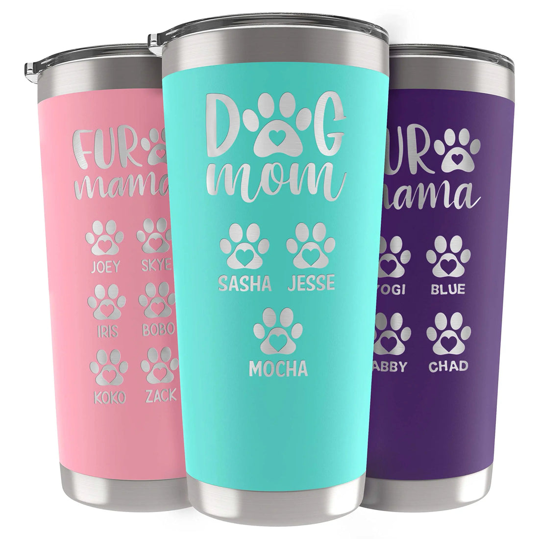 Personalized Dog Mom Tumbler with Engraved Names Up to 6 Paws -20 Oz & 30 Oz, 13 Colors- Insulated Stainless Steel Tumbler with Lid, Gifts for Mom from Daughter, Fur Mama Gifts, Pet Owner Gift Lara Laser Works