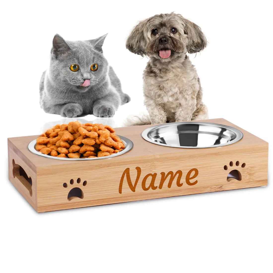 Personalized Elevated Bamboo Pet Feeding Station with Stainless Steel Bowls and Non-Slip Base NGTSFLY