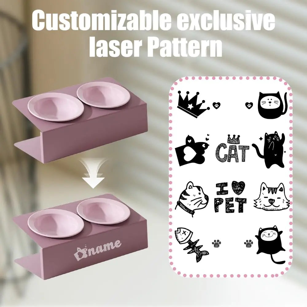 Personalized Elevated Cat Bowls 15° Tilted Raised Pet Dishes for Food and Water,Metal Body Stand Feeder with Laser Customization, 2 Ceramic Dish for Cats, Small Dogs AnNengJing