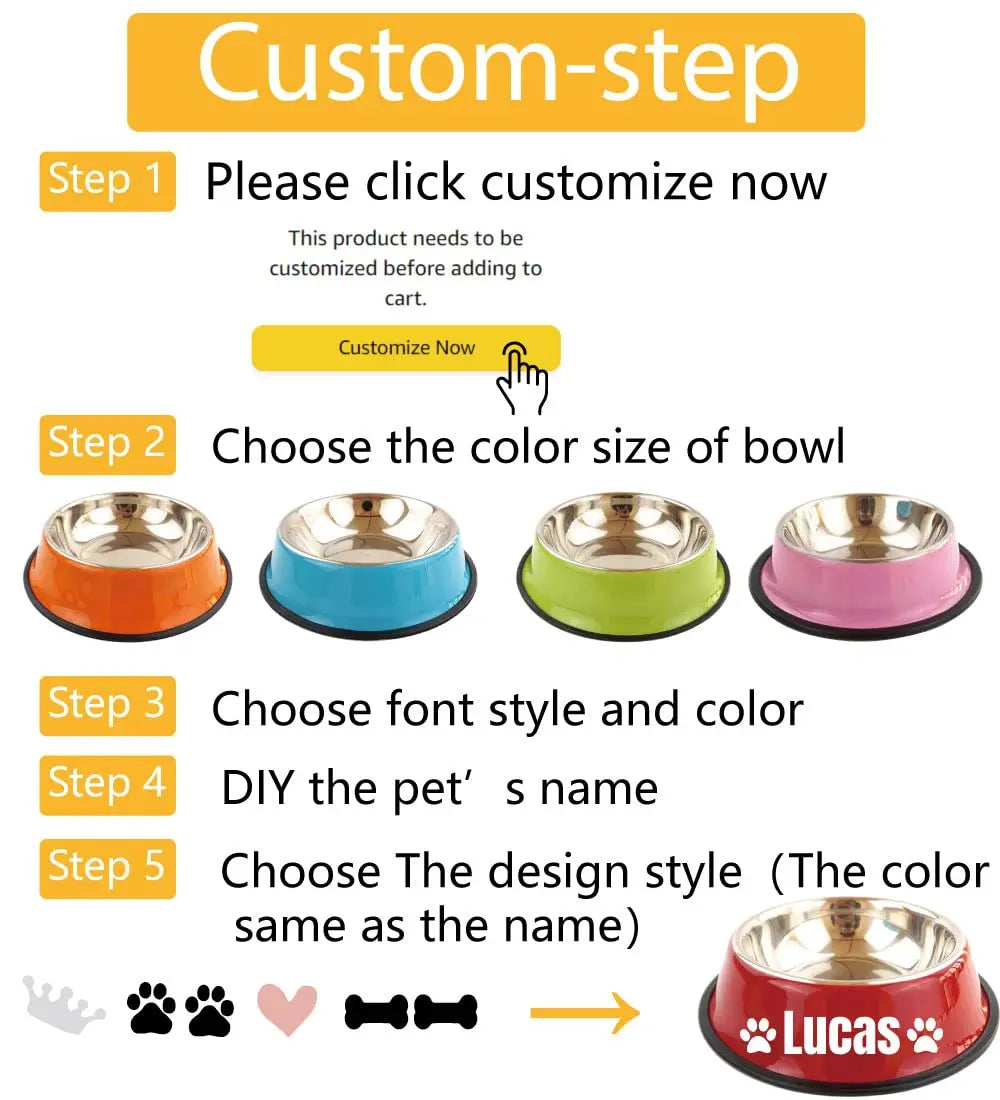 Personalized Name for Cat Dog Stainless Steel Colored Pet Puppy Cat Bowl Non-Slip Durable Pet Bowl Feeder Feeding Dog Water Bowl 通用