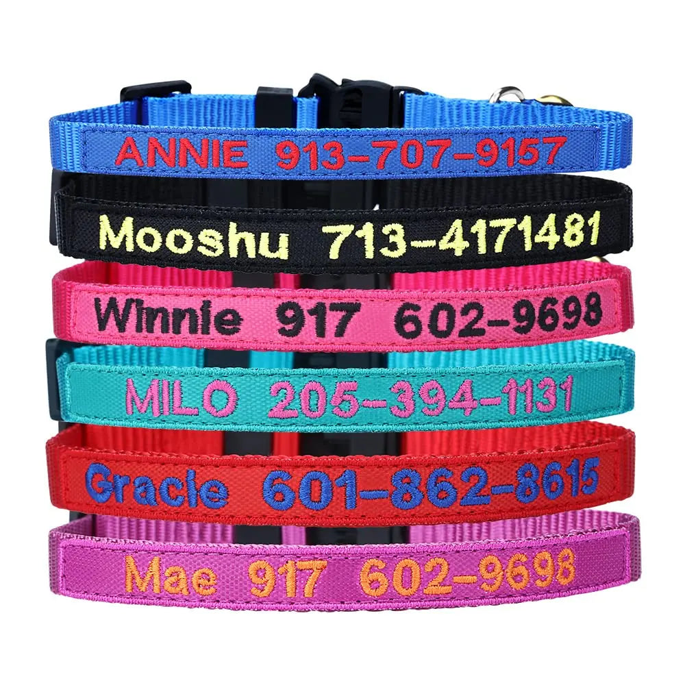 Personalized Nylon Cat Collar Breakaway with Bell - Custom Embroidered Text ID Collars with Pet Name and Phone Number Lsstore