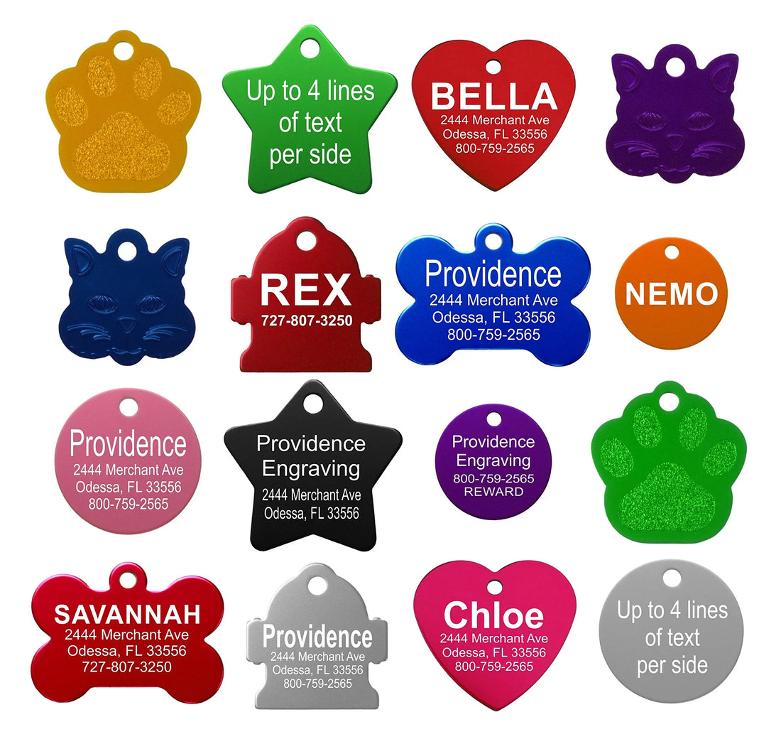 Providence Engraving Pet ID Tags - Small or Large Personalized Anodized Aluminum Pet Tags in Bone, Round, Star, Heart, Hydrant, Paw and Cat Face Shapes and 9 Colors for Dog and Cat Providence Engraving