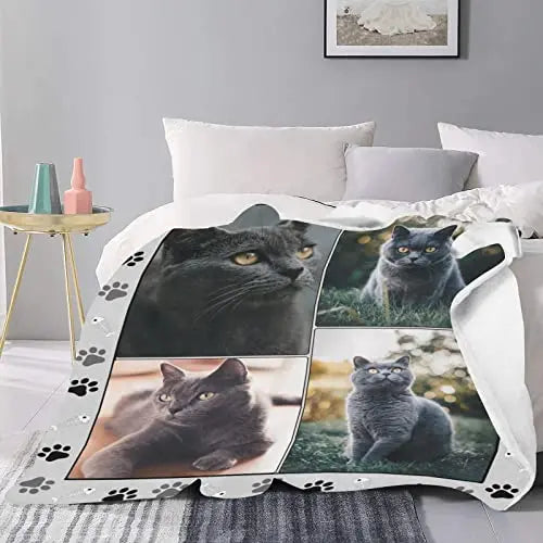 SHIYEL Custom Blanket with Photos for Cat Mom Ever, Personalized Picture Throws for Pets Lover, Customizable Blanket for Family Pets Gifts for Women Men Souvenirs, 4 Photos Collage Made in USA SHIYEL