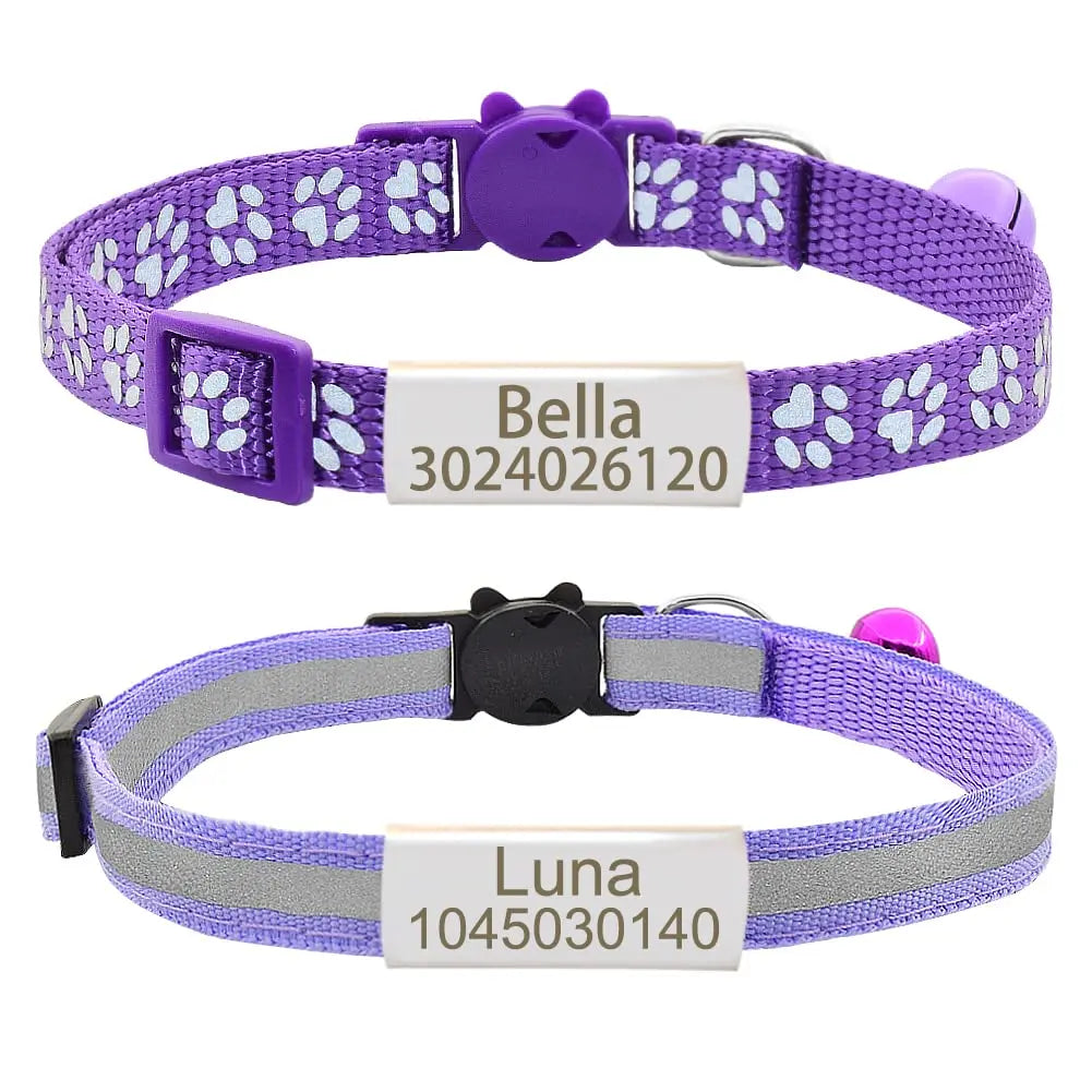Senristar Personalized 2 Pack Reflective Cat Collar,Custom Breakaway Cat Collars with Name Tag and Bell,Anti-Lost Nameplate Cat Collar for Girls & Boys (Purple,fit 8&