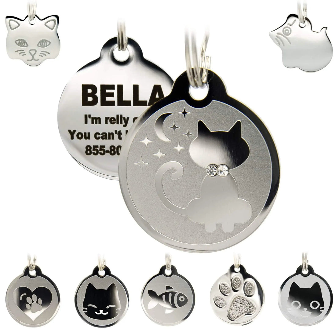Stainless Steel Cat ID Tags - Engraved Personalized Cat Tags includes up to 4 Lines of Text with Kitty Shape PetANTastic