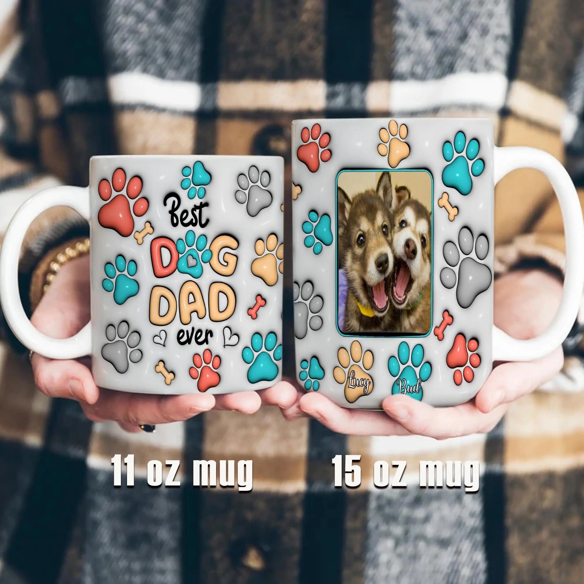 pundo authentic Custom Dog Dad Mug with Dogs Names Photo 3D Inflated Effect Printed Coffee Cup with Pictures White Ceramic 11 15 Oz Personalized Gifts for Men Daddy Pet Lovers Fathers day pundo authentic