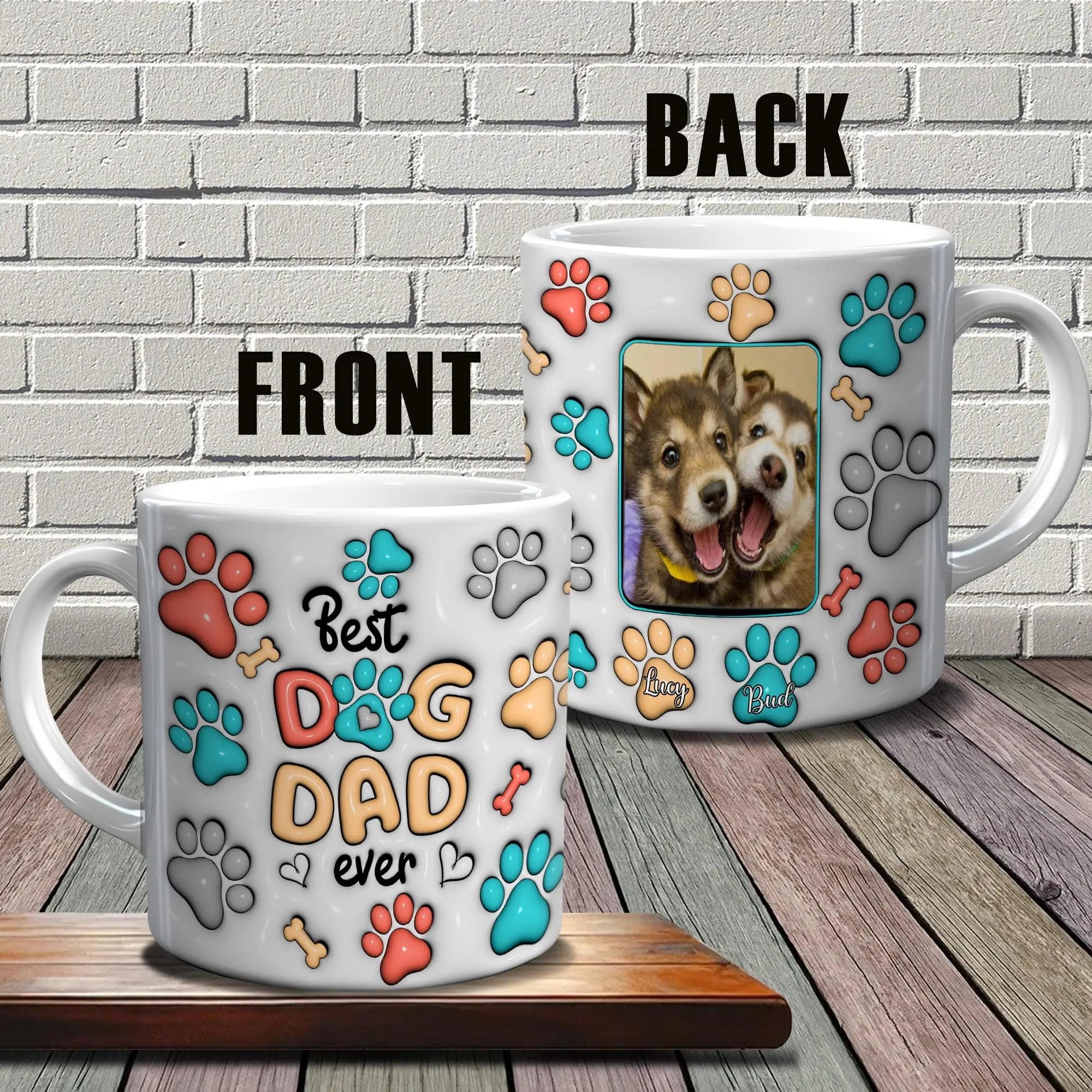 pundo authentic Custom Dog Dad Mug with Dogs Names Photo 3D Inflated Effect Printed Coffee Cup with Pictures White Ceramic 11 15 Oz Personalized Gifts for Men Daddy Pet Lovers Fathers day pundo authentic