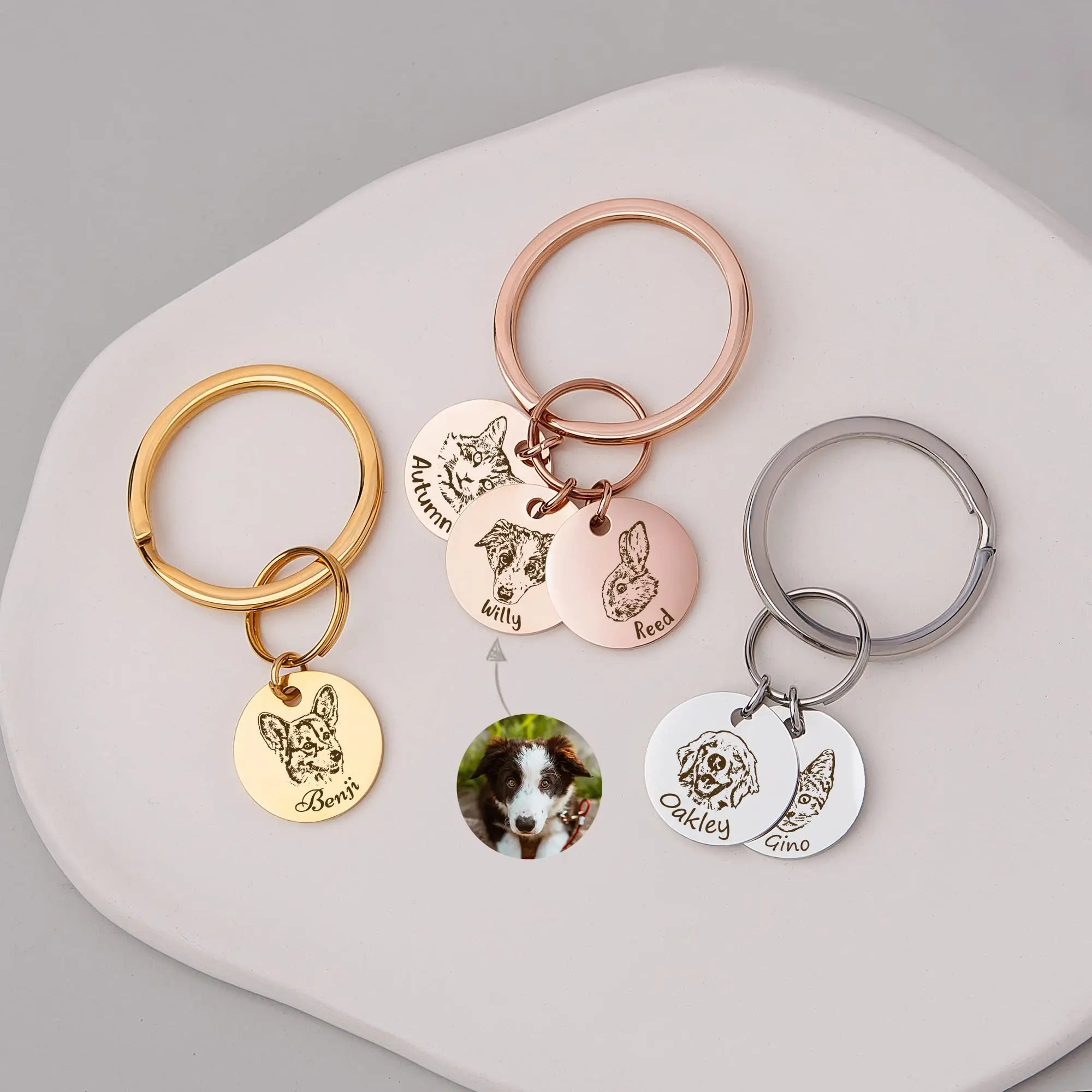 Anavia Personalized Pet Portrait Keychain, Customized Pet Photo Handmade Engraved Cat Dog Memorial Keepsake Sympathy Gifts (Silver - 1 Disc) Anavia