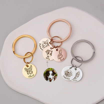 Anavia Personalized Pet Portrait Keychain, Customized Pet Photo Handmade Engraved Cat Dog Memorial Keepsake Sympathy Gifts (Silver - 1 Disc) Anavia