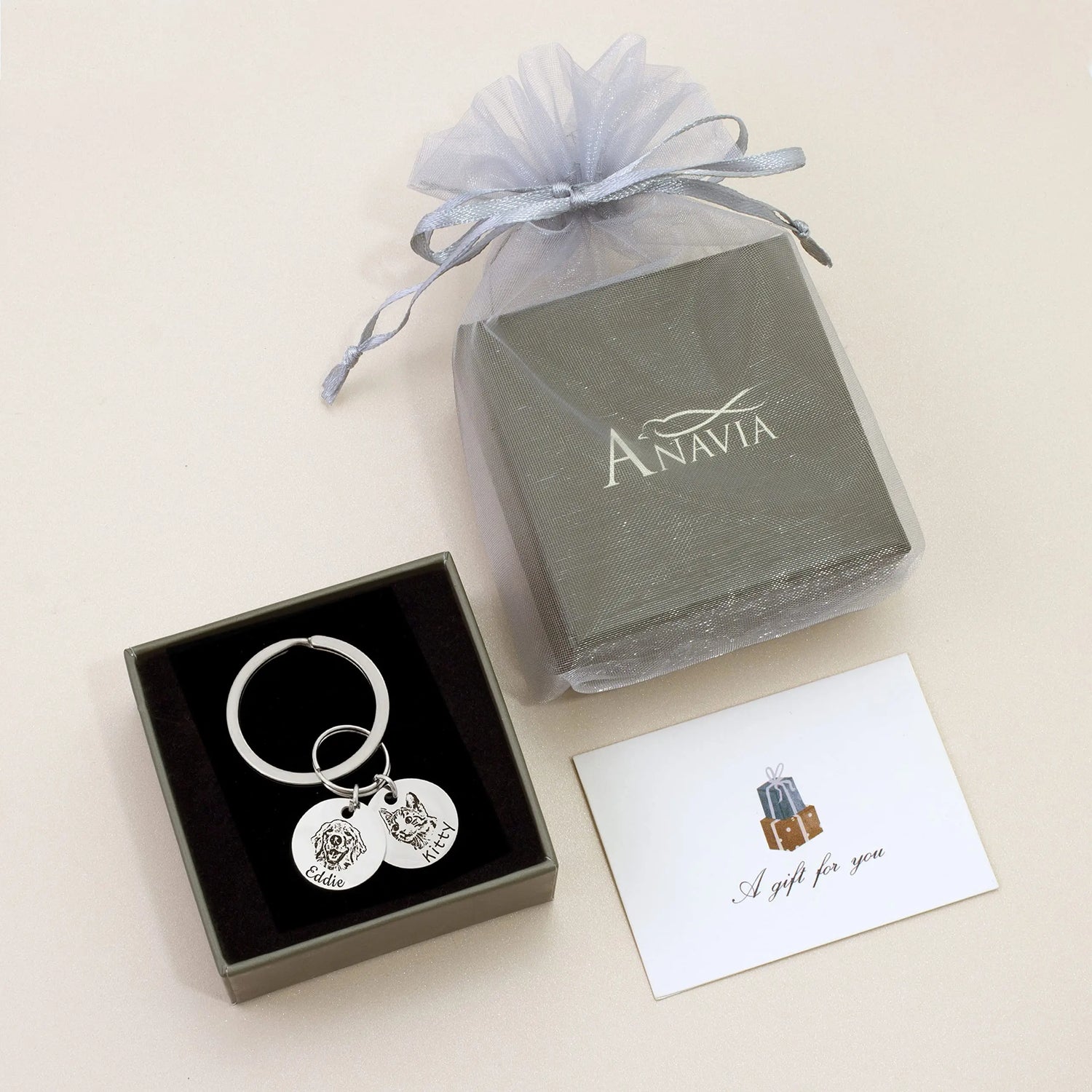 Anavia Personalized Pet Portrait Keychain, Customized Pet Photo Handmade Engraved Cat Dog Memorial Keepsake Sympathy Gifts (Silver - 1 Disc) Anavia