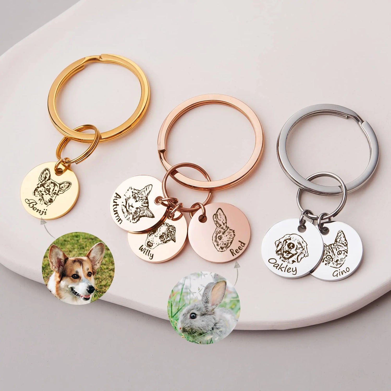 Anavia Personalized Pet Portrait Keychain, Customized Pet Photo Handmade Engraved Cat Dog Memorial Keepsake Sympathy Gifts (Silver - 1 Disc) Anavia