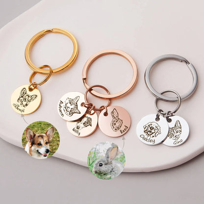 Anavia Personalized Pet Portrait Keychain, Customized Pet Photo Handmade Engraved Cat Dog Memorial Keepsake Sympathy Gifts (Silver - 1 Disc) Anavia
