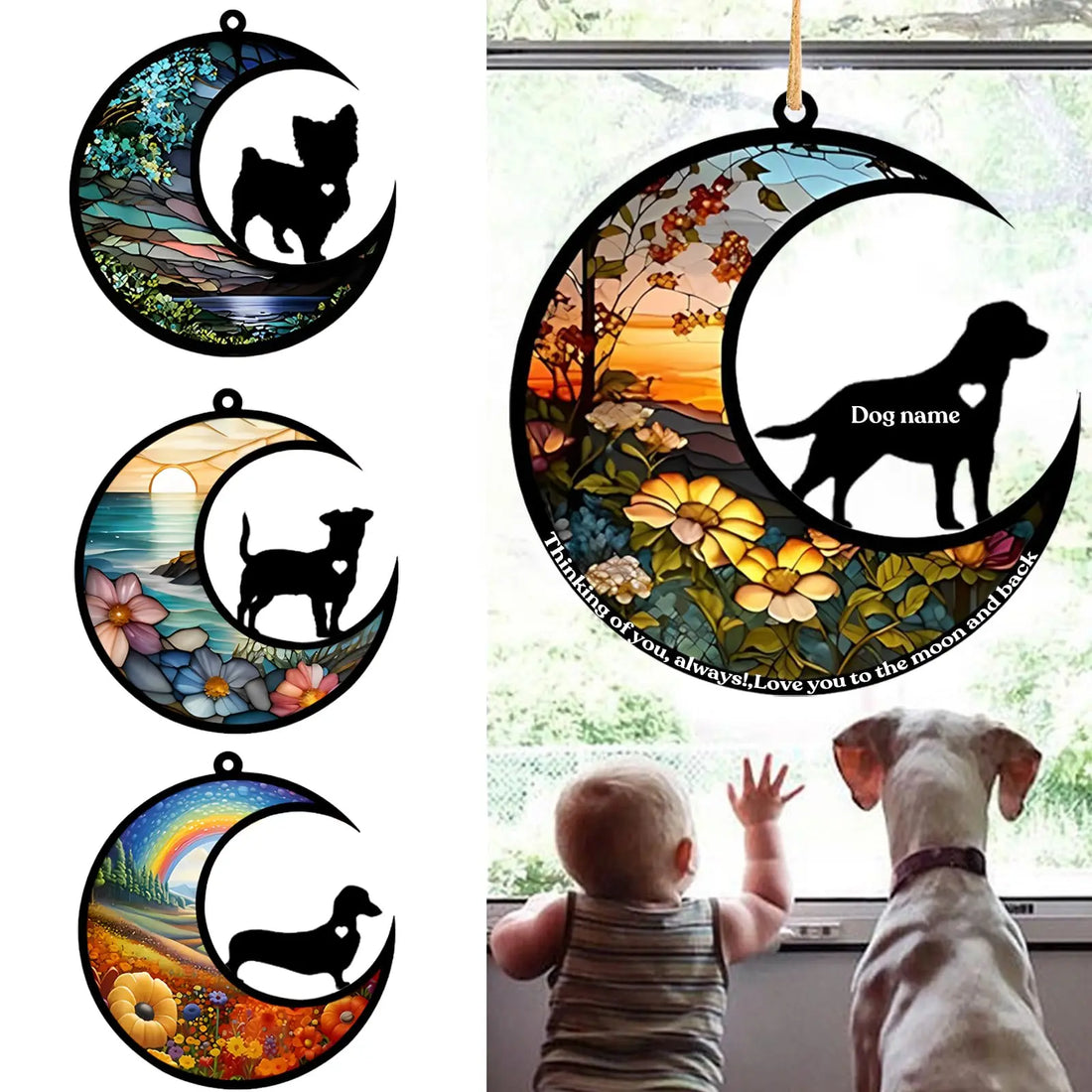 BOXTOHEART Dog Memorial Suncatcher, Personalized Pet Breeds Suncatcher with Name Date, Pet Loss Suncatcher, Stained Glass Light Catcher, Dog Memorials &amp; funerary, Gifts for Pet Loss BOXTOHEART