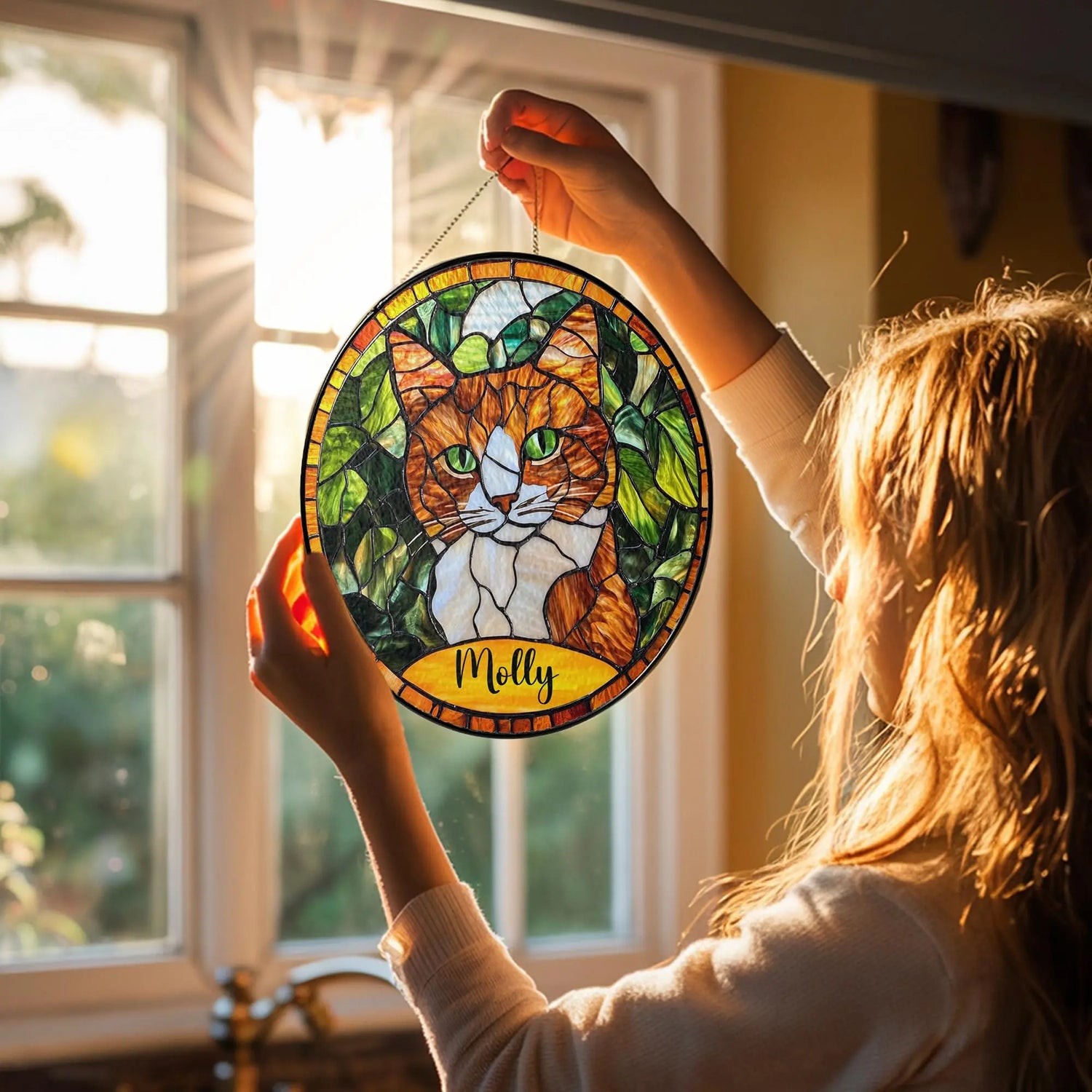 Bfigift Custom Cat Portrait Art Suncatcher Stained Glass Remembrance Gift Cat Indoor Decor Window Hanging Dog Cat Bereavement Keepsake Loss of Pet BfiGift