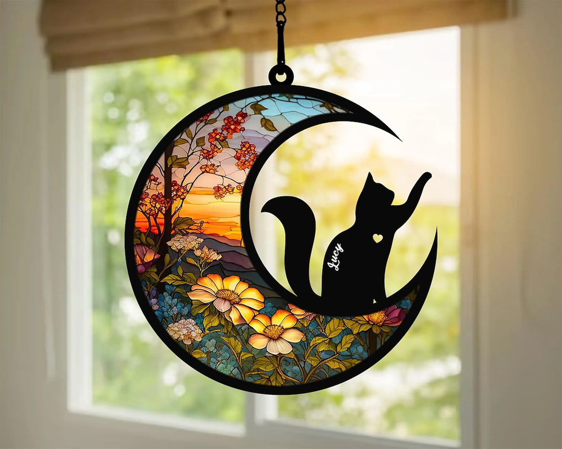 Cat Memorial Suncatcher, Personalized with Name Date Cat Breeds Suncatcher, Pet Loss Suncatcher, Stained Glass Light Catcher, Gifts for Cat Lovers, Christmas Cat Ornament Window Hangings LOVELYPOD