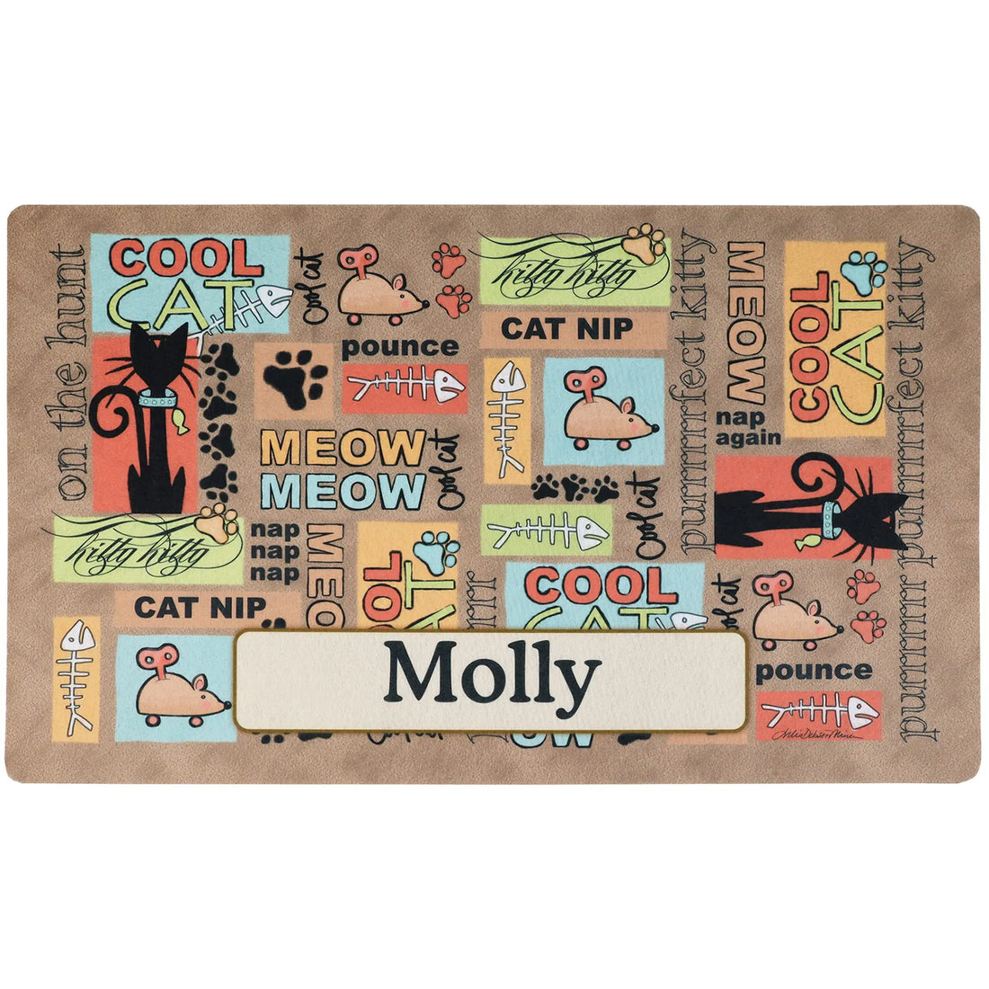 Drymate Personalized Pet Bowl Placemat, Custom Dog &amp; Cat Food Feeding Mat - Absorbent Fabric, Waterproof Backing - Machine Washable/Durable (USA Made) (12&quot; x 20&quot;) (Cool Cat - Brown) Drymate