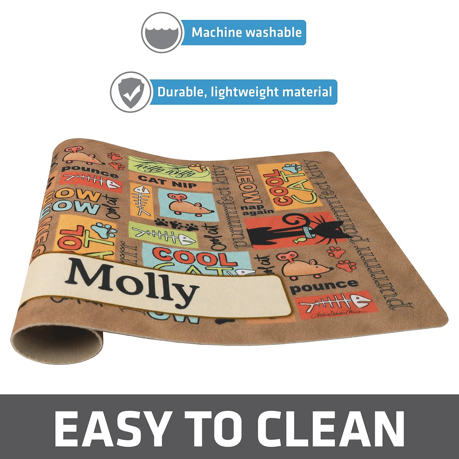 Drymate Personalized Pet Bowl Placemat, Custom Dog &amp; Cat Food Feeding Mat - Absorbent Fabric, Waterproof Backing - Machine Washable/Durable (USA Made) (12&quot; x 20&quot;) (Cool Cat - Brown) Drymate
