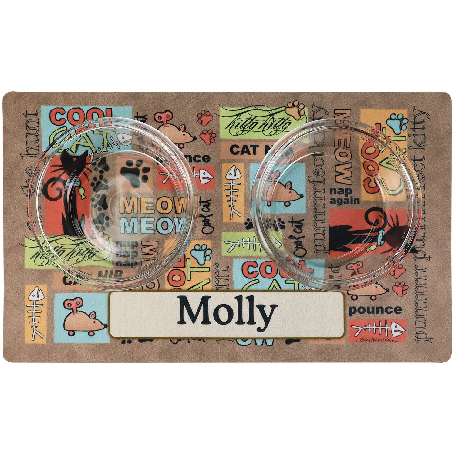 Drymate Personalized Pet Bowl Placemat, Custom Dog &amp; Cat Food Feeding Mat - Absorbent Fabric, Waterproof Backing - Machine Washable/Durable (USA Made) (12&quot; x 20&quot;) (Cool Cat - Brown) Drymate