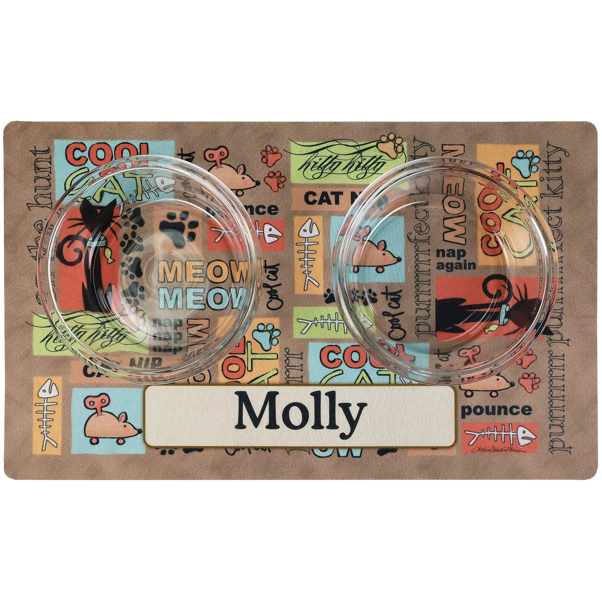 Drymate Personalized Pet Bowl Placemat, Custom Dog &amp; Cat Food Feeding Mat - Absorbent Fabric, Waterproof Backing - Machine Washable/Durable (USA Made) (12&quot; x 20&quot;) (Cool Cat - Brown) Drymate