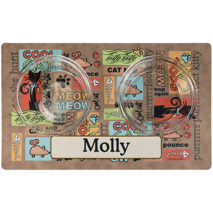 Drymate Personalized Pet Bowl Placemat, Custom Dog &amp; Cat Food Feeding Mat - Absorbent Fabric, Waterproof Backing - Machine Washable/Durable (USA Made) (12&quot; x 20&quot;) (Cool Cat - Brown) Drymate