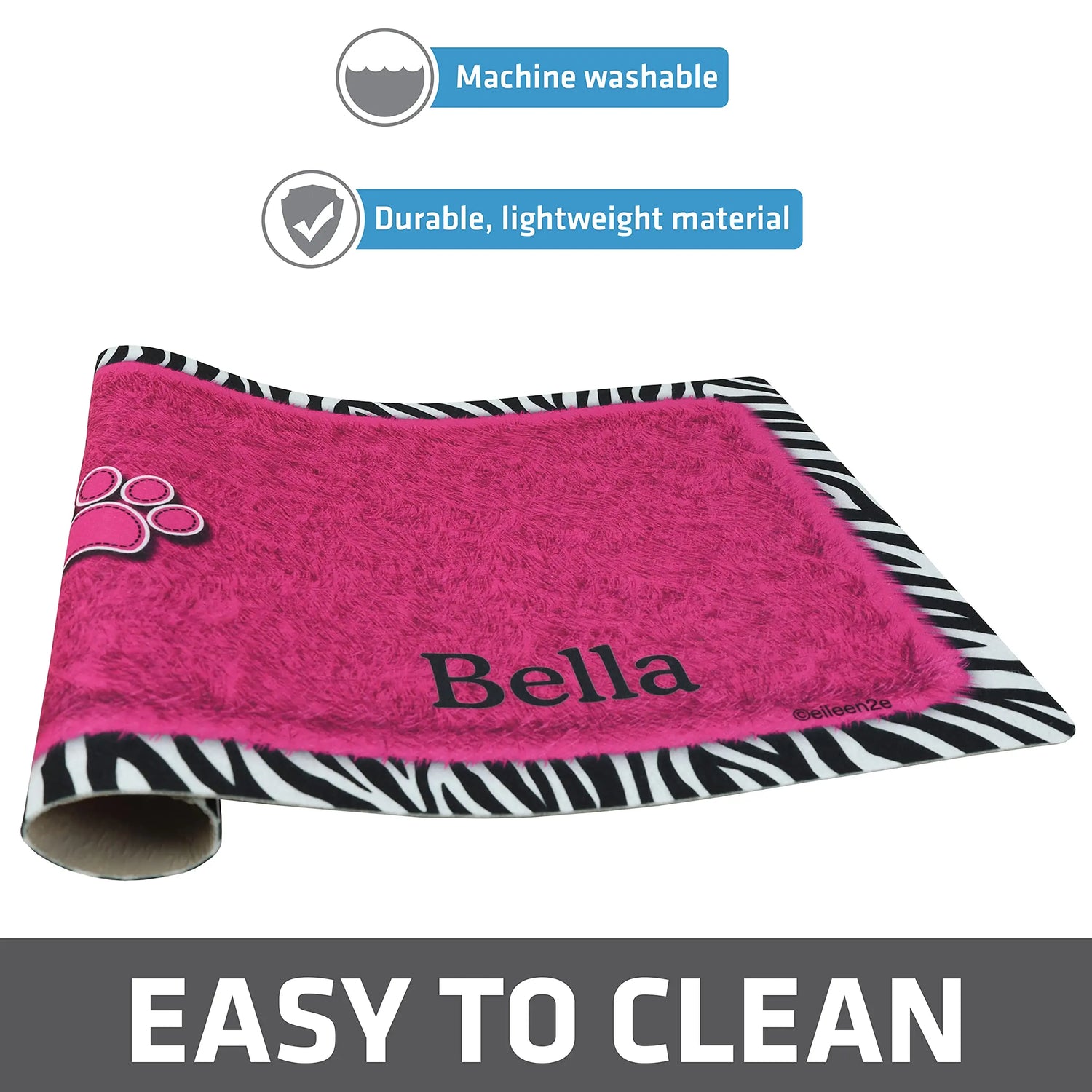 Drymate Personalized Pet Bowl Placemat, Custom Dog &amp; Cat Food Feeding Mat - Absorbent Fabric, Waterproof Backing - Machine Washable/Durable (USA Made) (12&quot; x 20&quot;) (Zebra Pink) Drymate