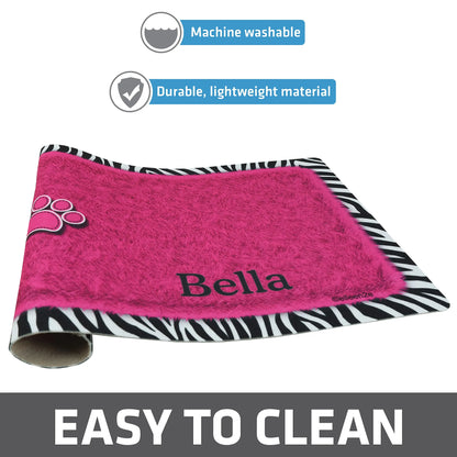 Drymate Personalized Pet Bowl Placemat, Custom Dog &amp; Cat Food Feeding Mat - Absorbent Fabric, Waterproof Backing - Machine Washable/Durable (USA Made) (12&quot; x 20&quot;) (Zebra Pink) Drymate