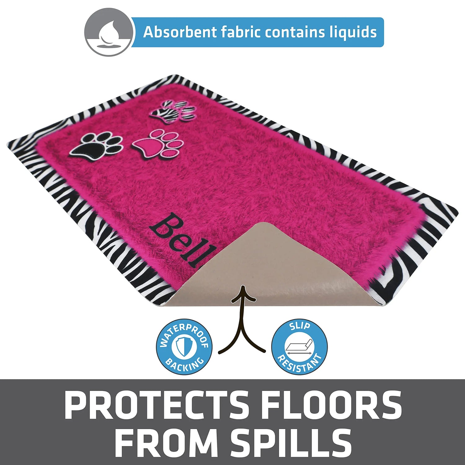 Drymate Personalized Pet Bowl Placemat, Custom Dog &amp; Cat Food Feeding Mat - Absorbent Fabric, Waterproof Backing - Machine Washable/Durable (USA Made) (12&quot; x 20&quot;) (Zebra Pink) Drymate