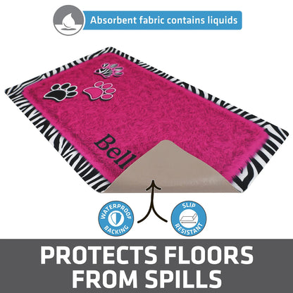 Drymate Personalized Pet Bowl Placemat, Custom Dog &amp; Cat Food Feeding Mat - Absorbent Fabric, Waterproof Backing - Machine Washable/Durable (USA Made) (12&quot; x 20&quot;) (Zebra Pink) Drymate