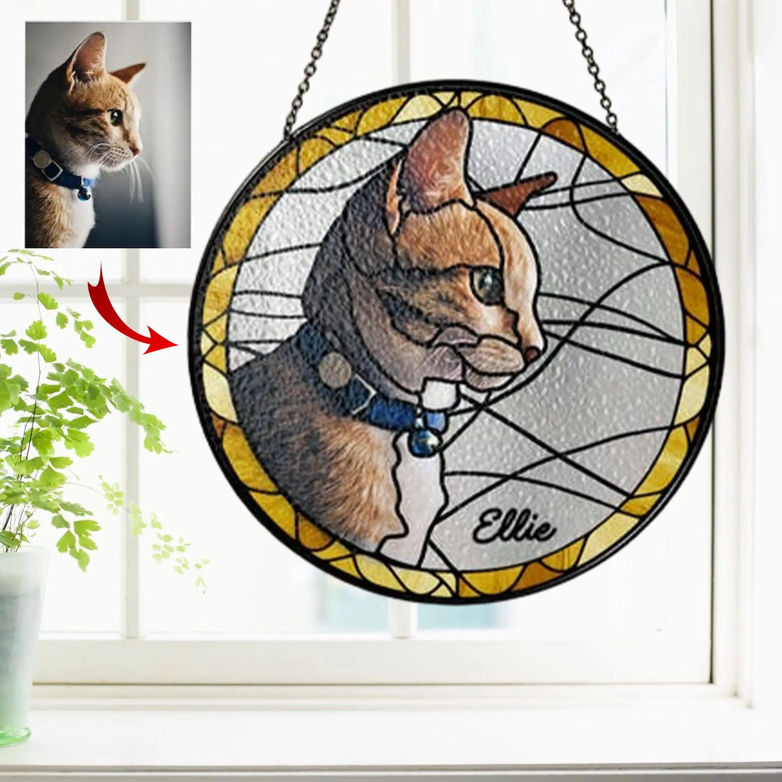 FAMITRENDZ Personalized Cat Portrait from Photo Stained Glass Suncatcher, Custom Cat Sun Catcher Memorial, Stained Glass Pet Memorial, Pet Portrait Gift for Cat Lovers, Gifts for Loss of Cat FAMITRENDZ