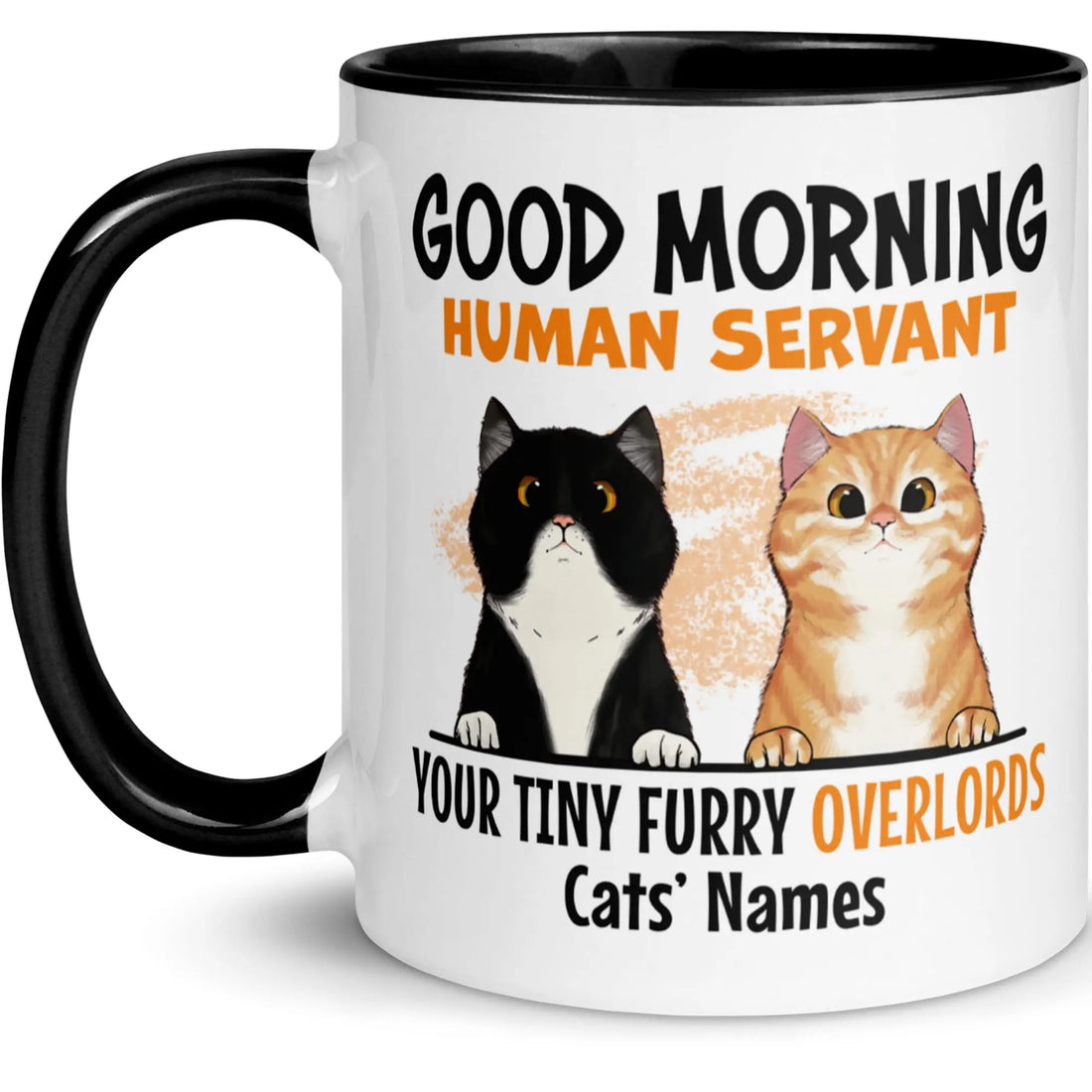 Funny Cat Mug Personalized - Up to 3 Pets - 75 Breed and Color Choices - Good Morning Human Servant - Custom Mug for Cat Lovers, Moms, Dads - Customized Fur Mama Gift - 8 Coffee Cup Colors (2 pets) Fido & Whiskers