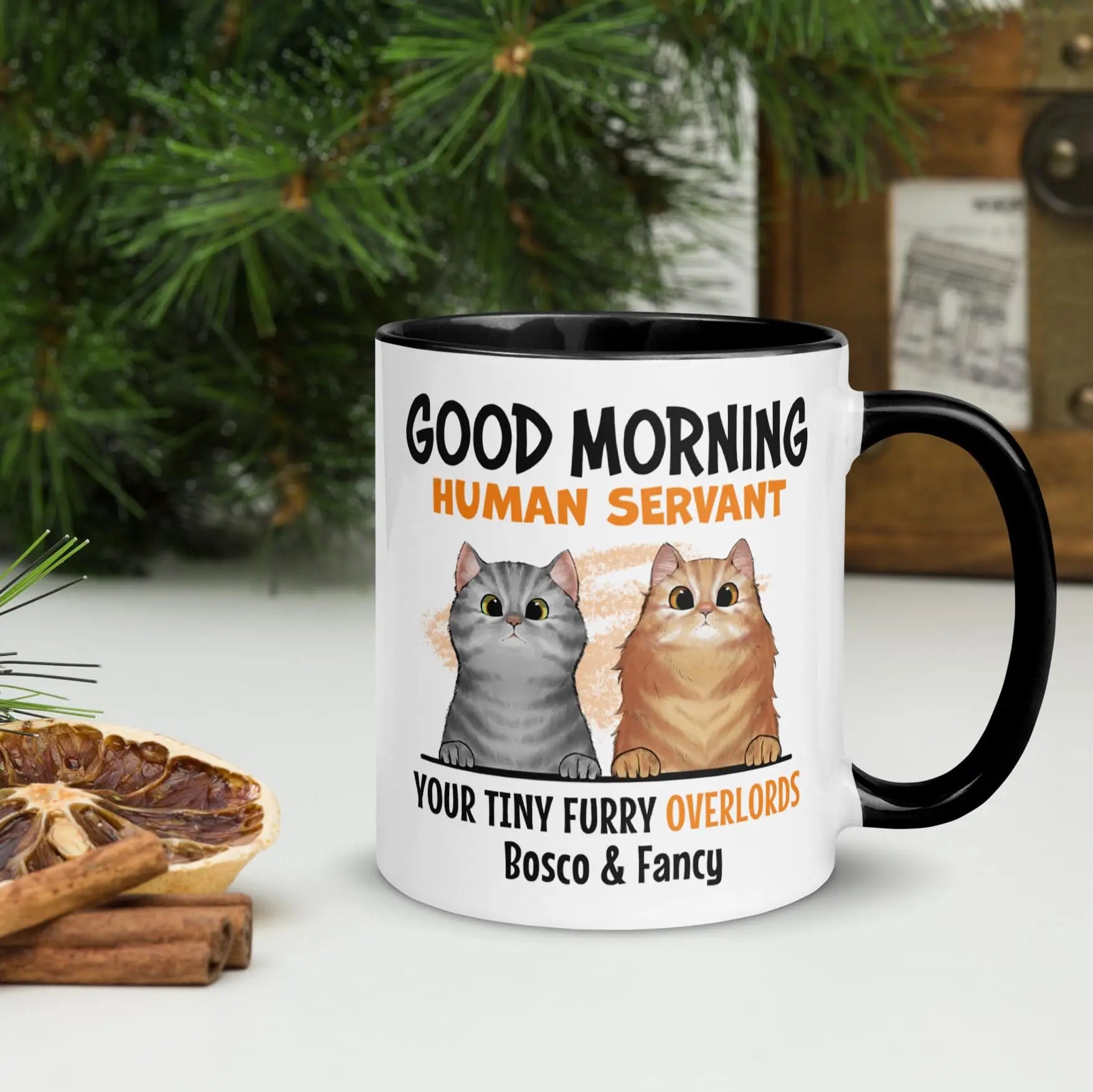 Funny Cat Mug Personalized - Up to 3 Pets - 75 Breed and Color Choices - Good Morning Human Servant - Custom Mug for Cat Lovers, Moms, Dads - Customized Fur Mama Gift - 8 Coffee Cup Colors (2 pets) Fido &amp; Whiskers
